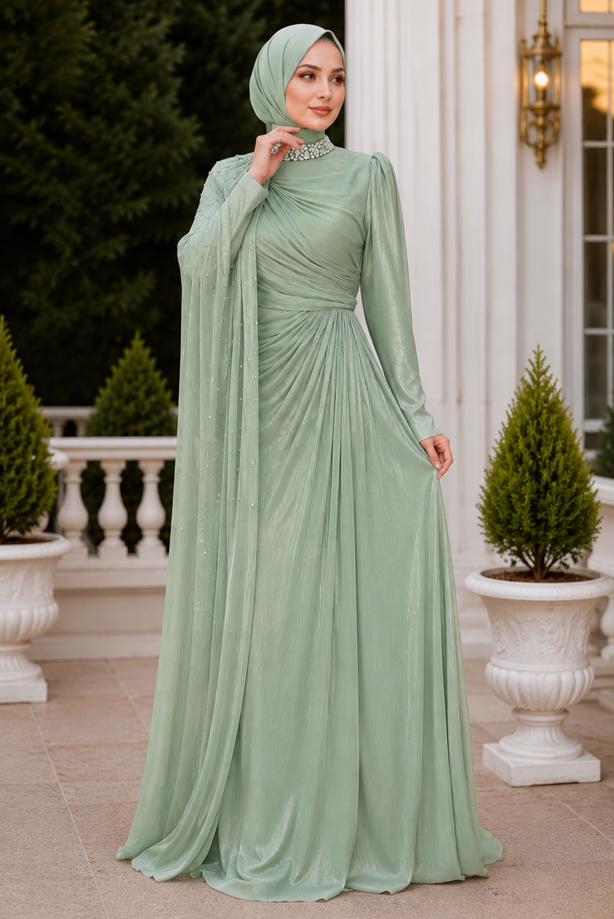 Vêtements hijab VERT ROBE DE SOIRÉE EN MOUSSELINE DE SOIE T 2463 - TRENDTESETTÜR