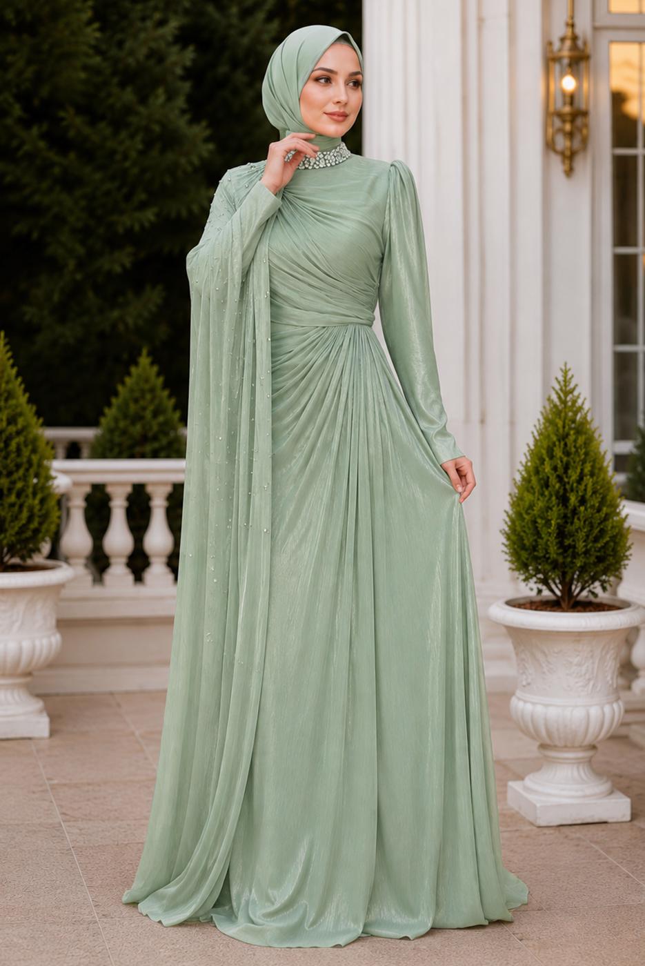 Vêtements hijab VERT ROBE DE SOIRÉE EN MOUSSELINE DE SOIE T 2463