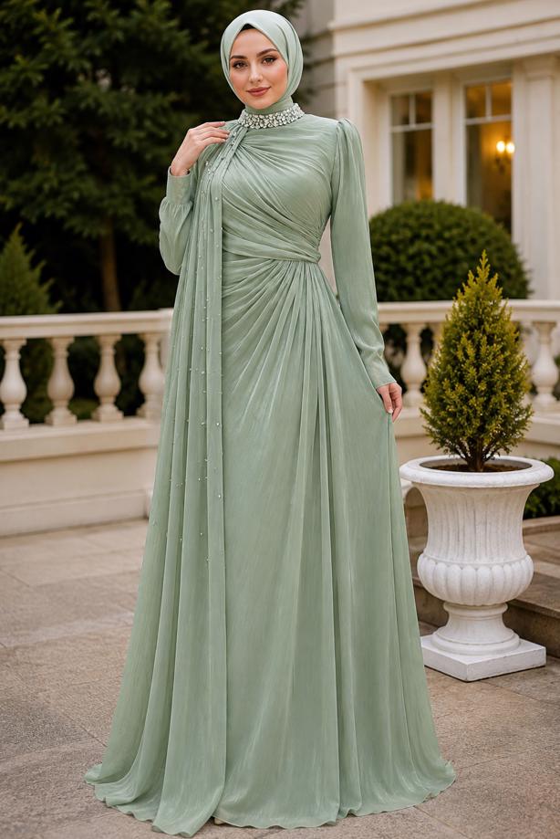 Vêtements hijab VERT ROBE DE SOIRÉE EN MOUSSELINE DE SOIE T 2463 - TRENDTESETTÜR
