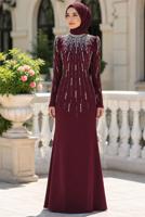 Tesettür giyim BORDO TAŞ DETAYLI ABİYE ELBİSE T 2563