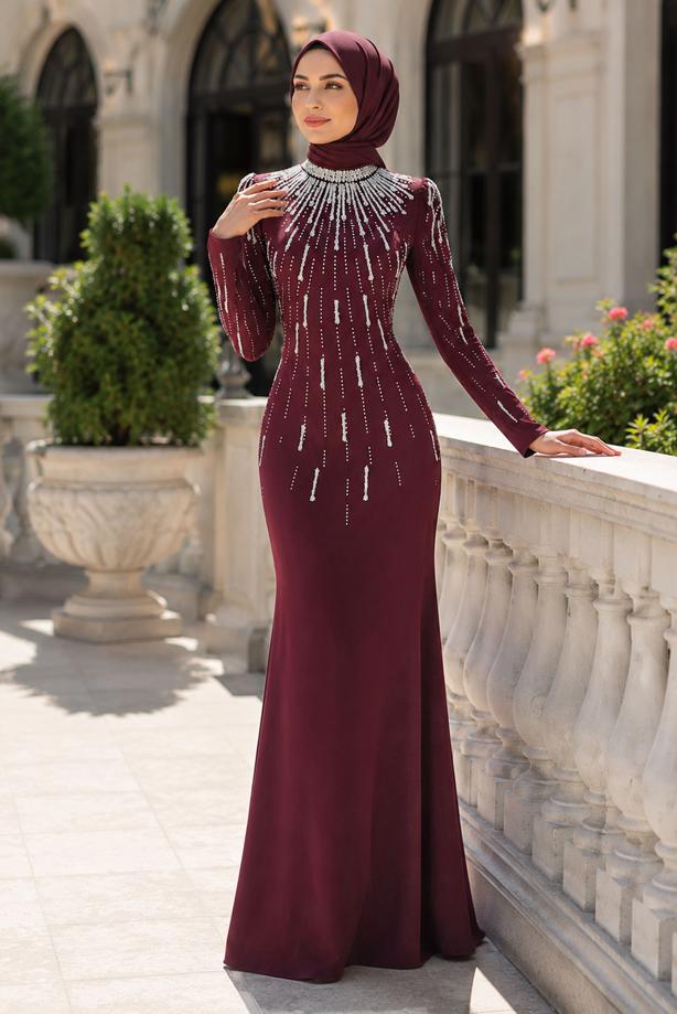 Tesettür giyim BORDO TAŞ DETAYLI ABİYE ELBİSE T 2563 - TRENDTESETTÜR