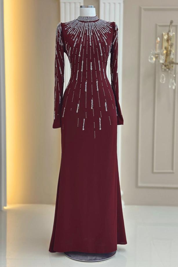 Tesettür giyim BORDO TAŞ DETAYLI ABİYE ELBİSE T 2563 - TRENDTESETTÜR