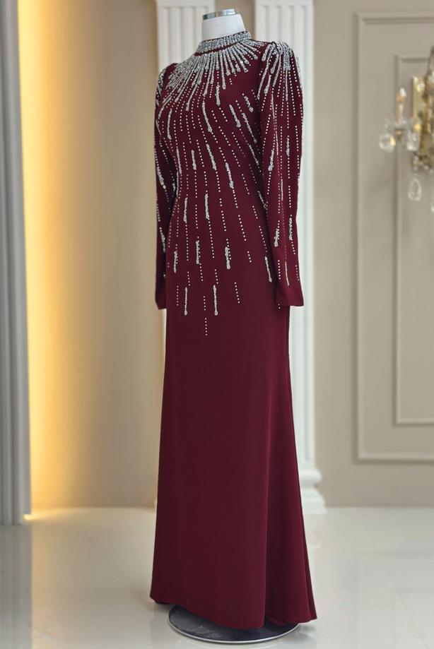 Tesettür giyim BORDO TAŞ DETAYLI ABİYE ELBİSE T 2563 - TRENDTESETTÜR