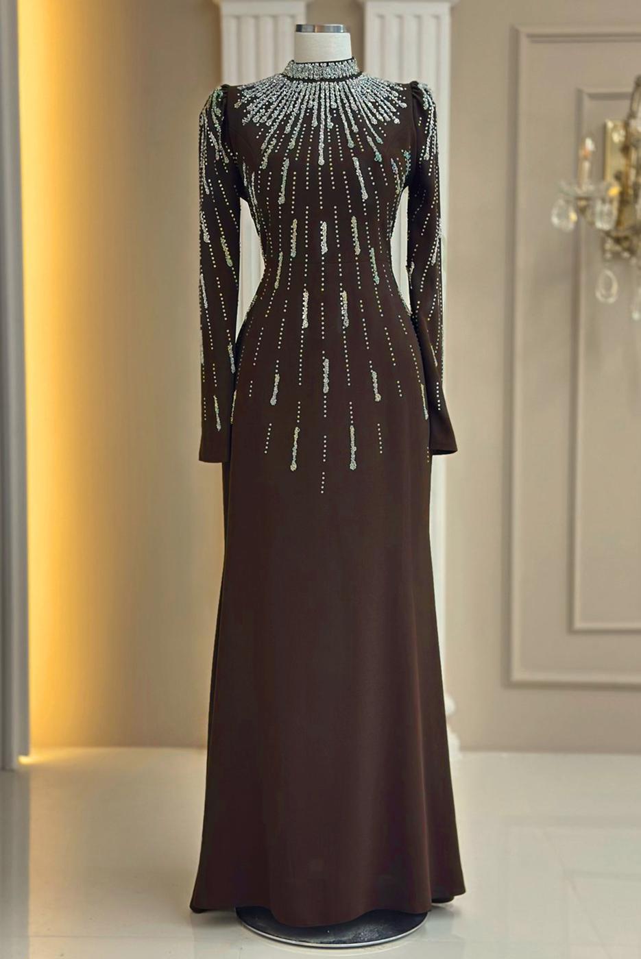 Hijab clothing BROWN GEM DETAILED EVENING DRESS T 2563