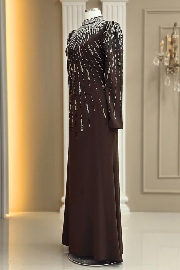 Hijab clothing BROWN GEM DETAILED EVENING DRESS T 2563 - TRENDTESETTÜR
