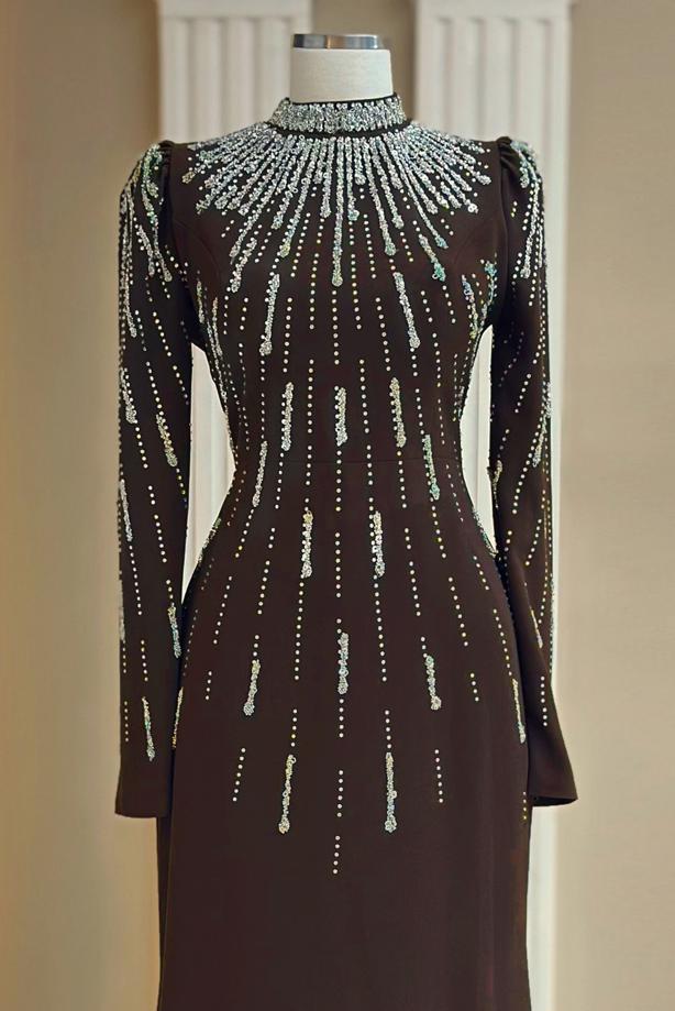 Hijab clothing BROWN GEM DETAILED EVENING DRESS T 2563 - TRENDTESETTÜR