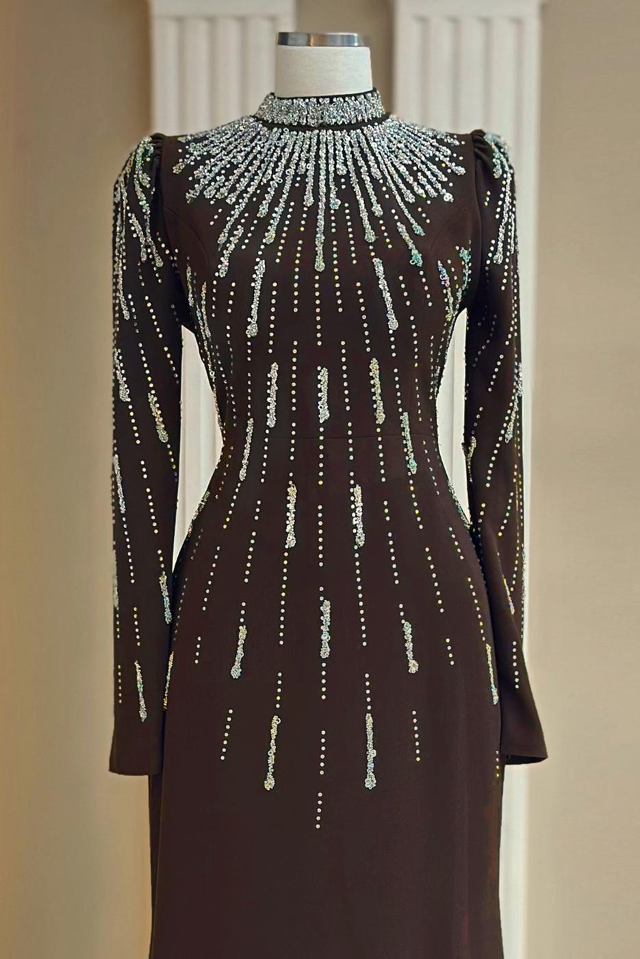 Hijab clothing BROWN GEM DETAILED EVENING DRESS T 2563