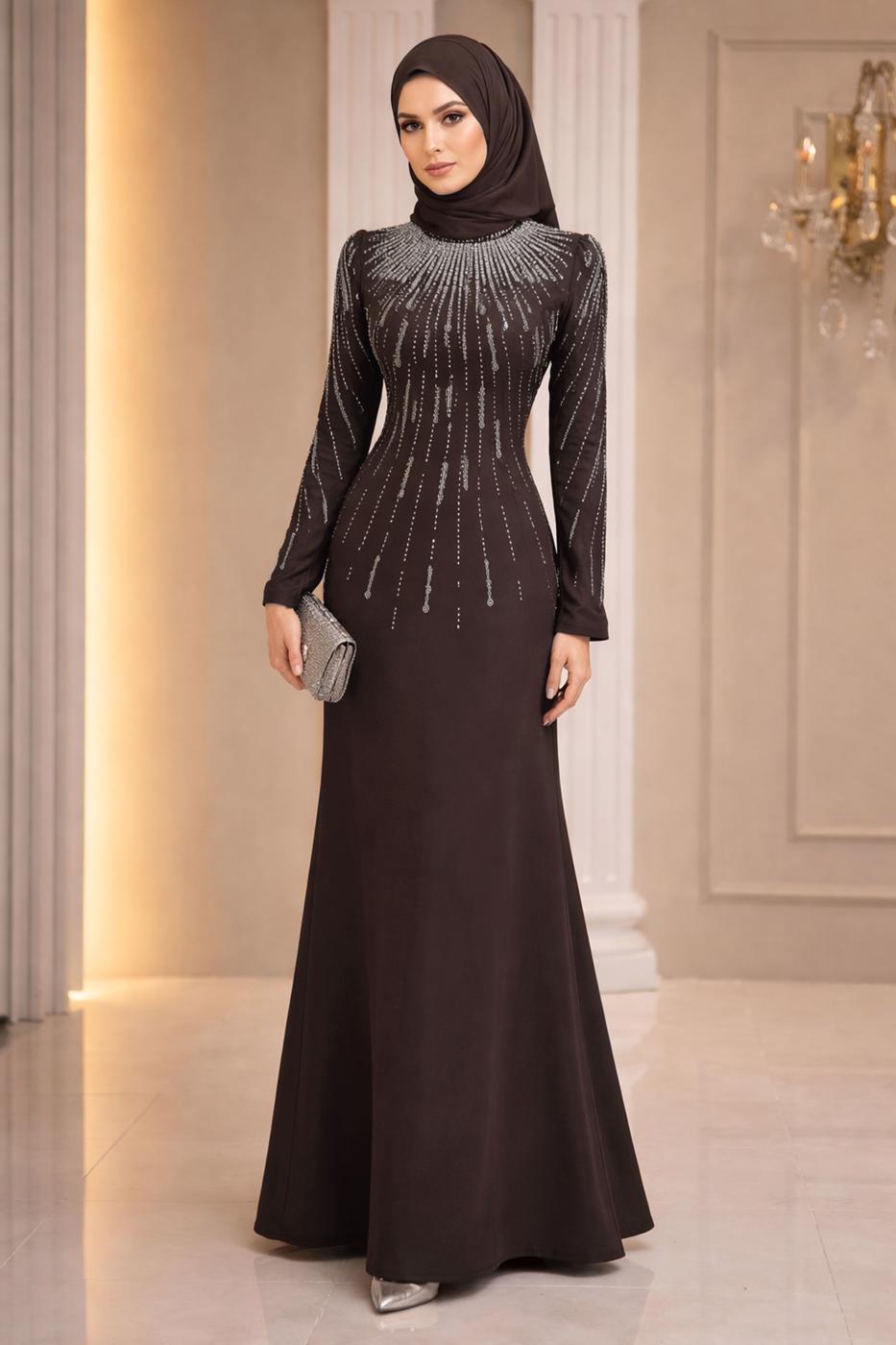 Hijab-Kleidung BRAUN ABENDKLEID MIT EDELSTEIN DETAILS T 2563