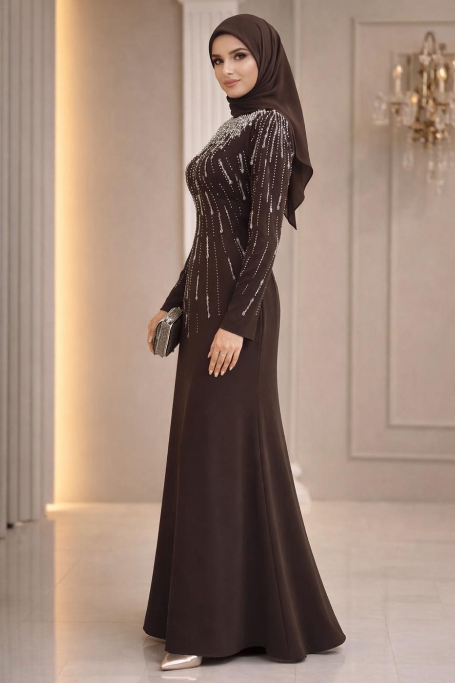Hijab-Kleidung BRAUN ABENDKLEID MIT EDELSTEIN DETAILS T 2563