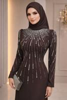 Hijab-Kleidung BRAUN ABENDKLEID MIT EDELSTEIN DETAILS T 2563
