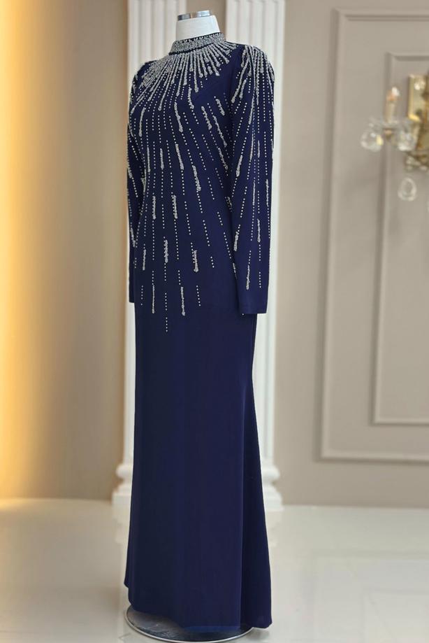 Hijab clothing NAVY BLUE GEM DETAILED EVENING DRESS T 2563 - TRENDTESETTÜR