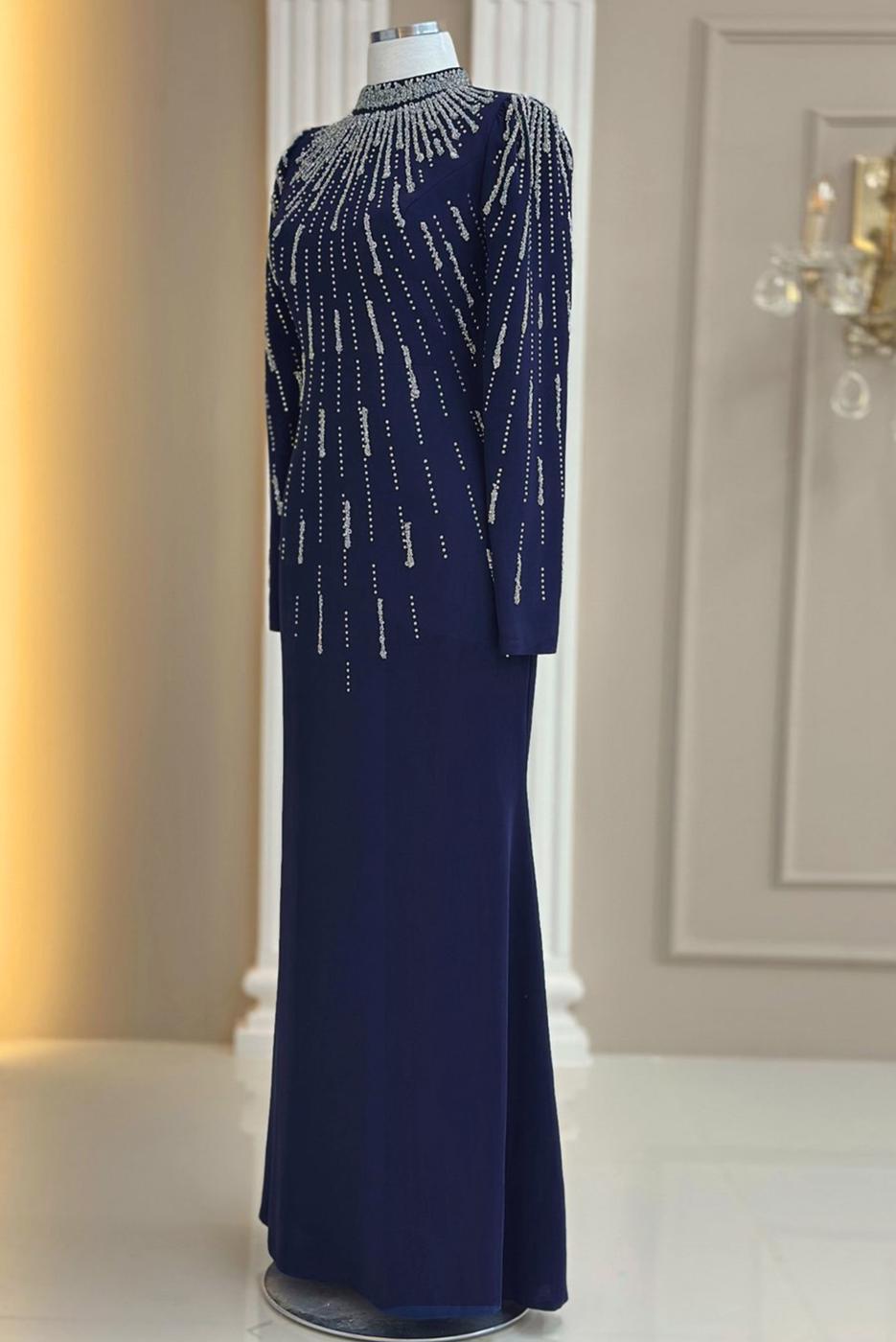 Hijab clothing NAVY BLUE GEM DETAILED EVENING DRESS T 2563