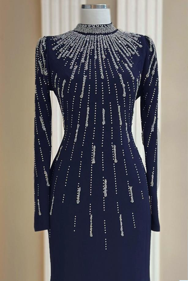 Hijab clothing NAVY BLUE GEM DETAILED EVENING DRESS T 2563 - TRENDTESETTÜR