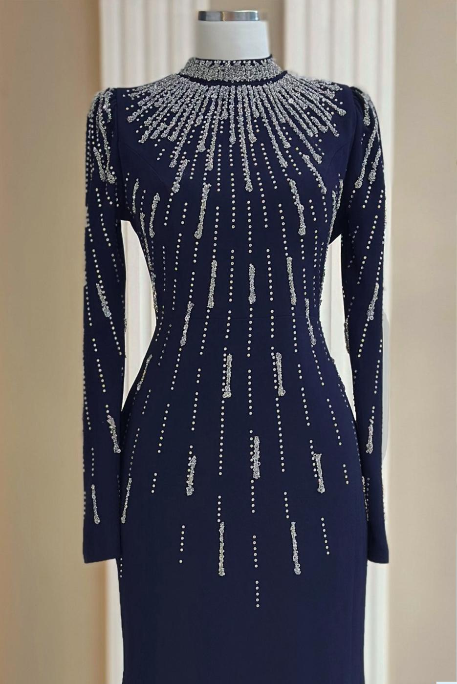 Hijab clothing NAVY BLUE GEM DETAILED EVENING DRESS T 2563