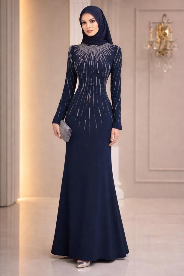 Vêtements hijab BLEU MARINE ROBE DE SOIRÉE DÉTAILLÉE DE GEMMES T 2563 - TRENDTESETTÜR