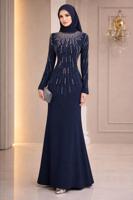 Hijab-Kleidung MARINEBLAU ABENDKLEID MIT EDELSTEIN DETAILS T 2563