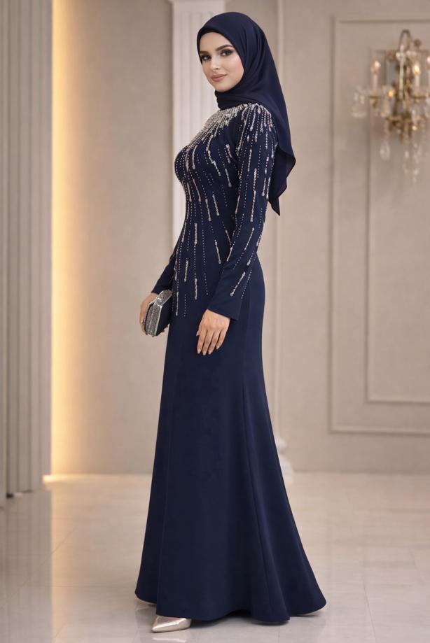 Vêtements hijab BLEU MARINE ROBE DE SOIRÉE DÉTAILLÉE DE GEMMES T 2563 - TRENDTESETTÜR