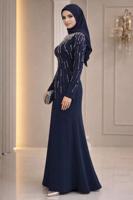 Hijab-Kleidung MARINEBLAU ABENDKLEID MIT EDELSTEIN DETAILS T 2563