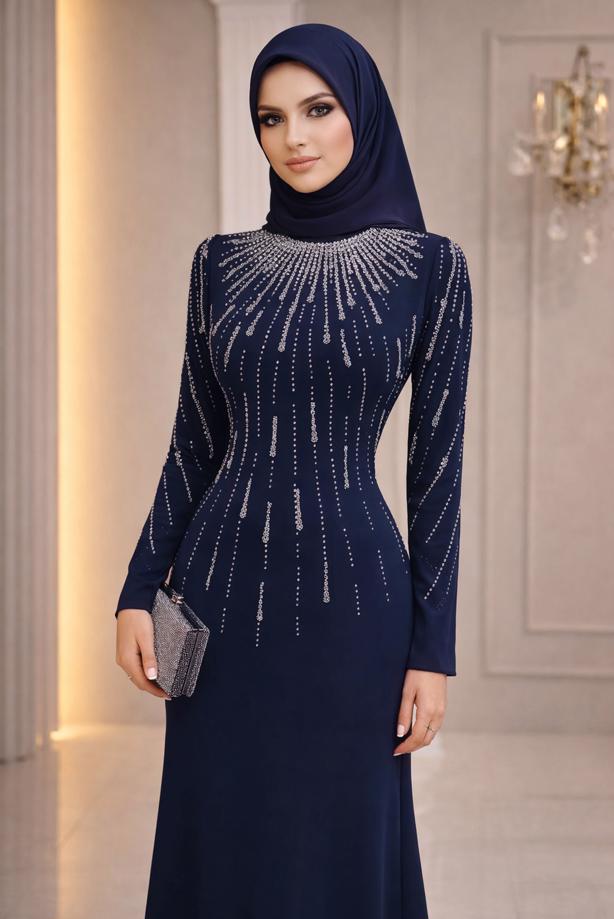 Vêtements hijab BLEU MARINE ROBE DE SOIRÉE DÉTAILLÉE DE GEMMES T 2563 - TRENDTESETTÜR