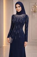 Hijab-Kleidung MARINEBLAU ABENDKLEID MIT EDELSTEIN DETAILS T 2563
