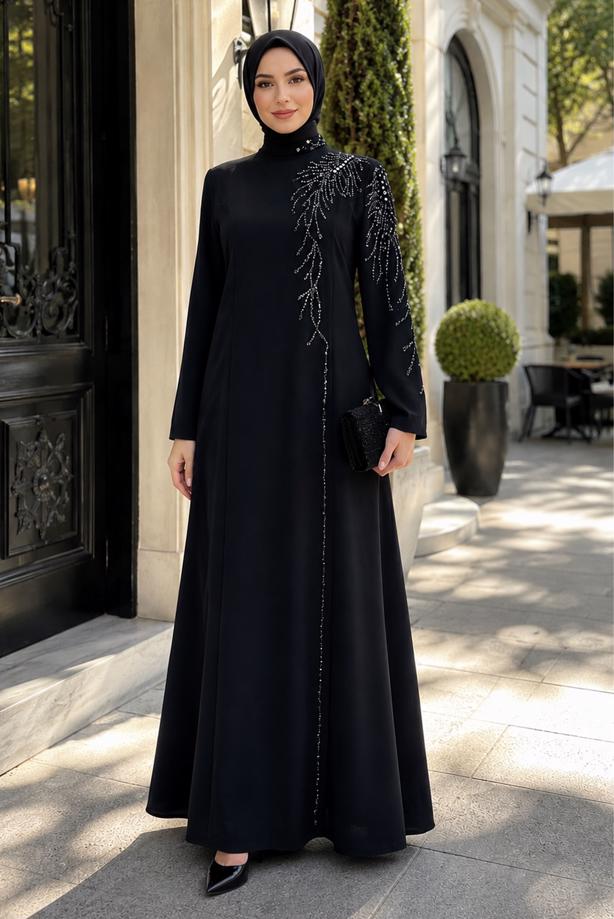 Tesettür giyim SİYAH TAŞ İŞLEMELİ ABİYE ELBİSE T 2731 - TRENDTESETTÜR