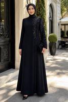 Tesettür giyim SİYAH TAŞ İŞLEMELİ ABİYE ELBİSE T 2731