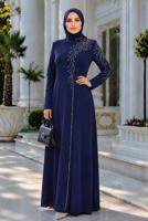 Tesettür giyim LACİVERT TAŞ İŞLEMELİ ABİYE ELBİSE T 2731