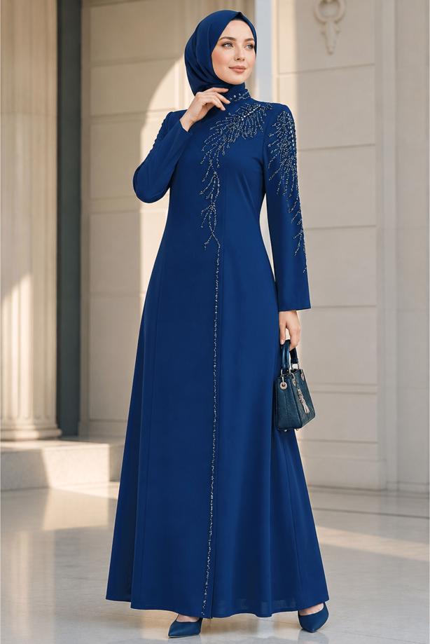 Hijab clothing NAVY BLUE GEM EMBROIDERED EVENING DRESS T 2731 - TRENDTESETTÜR
