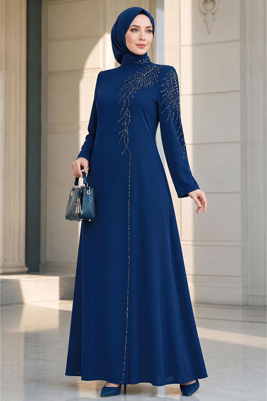 Hijab clothing NAVY BLUE GEM EMBROIDERED EVENING DRESS T 2731