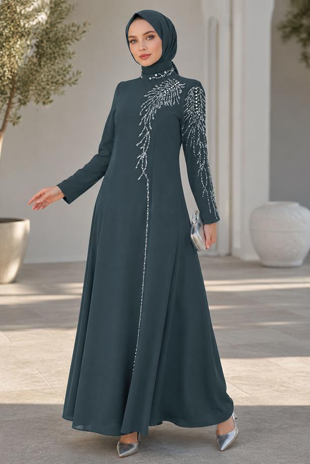 Tesettür giyim GRİ TAŞ İŞLEMELİ ABİYE ELBİSE T 2731 - TRENDTESETTÜR