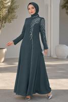 Tesettür giyim GRİ TAŞ İŞLEMELİ ABİYE ELBİSE T 2731