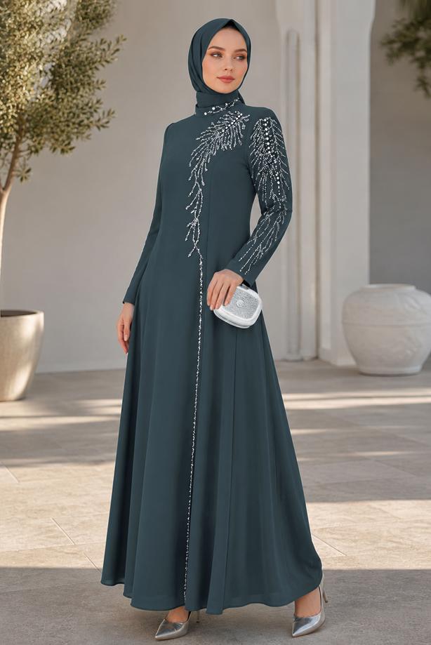 Tesettür giyim GRİ TAŞ İŞLEMELİ ABİYE ELBİSE T 2731 - TRENDTESETTÜR