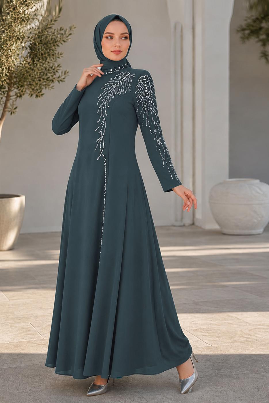 Tesettür giyim GRİ TAŞ İŞLEMELİ ABİYE ELBİSE T 2731