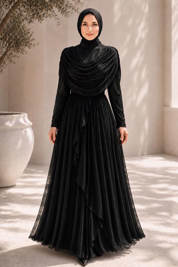Tesettür giyim SİYAH DRAPELİ ŞİFON ABİYE ELBİSE T 2763 - TRENDTESETTÜR