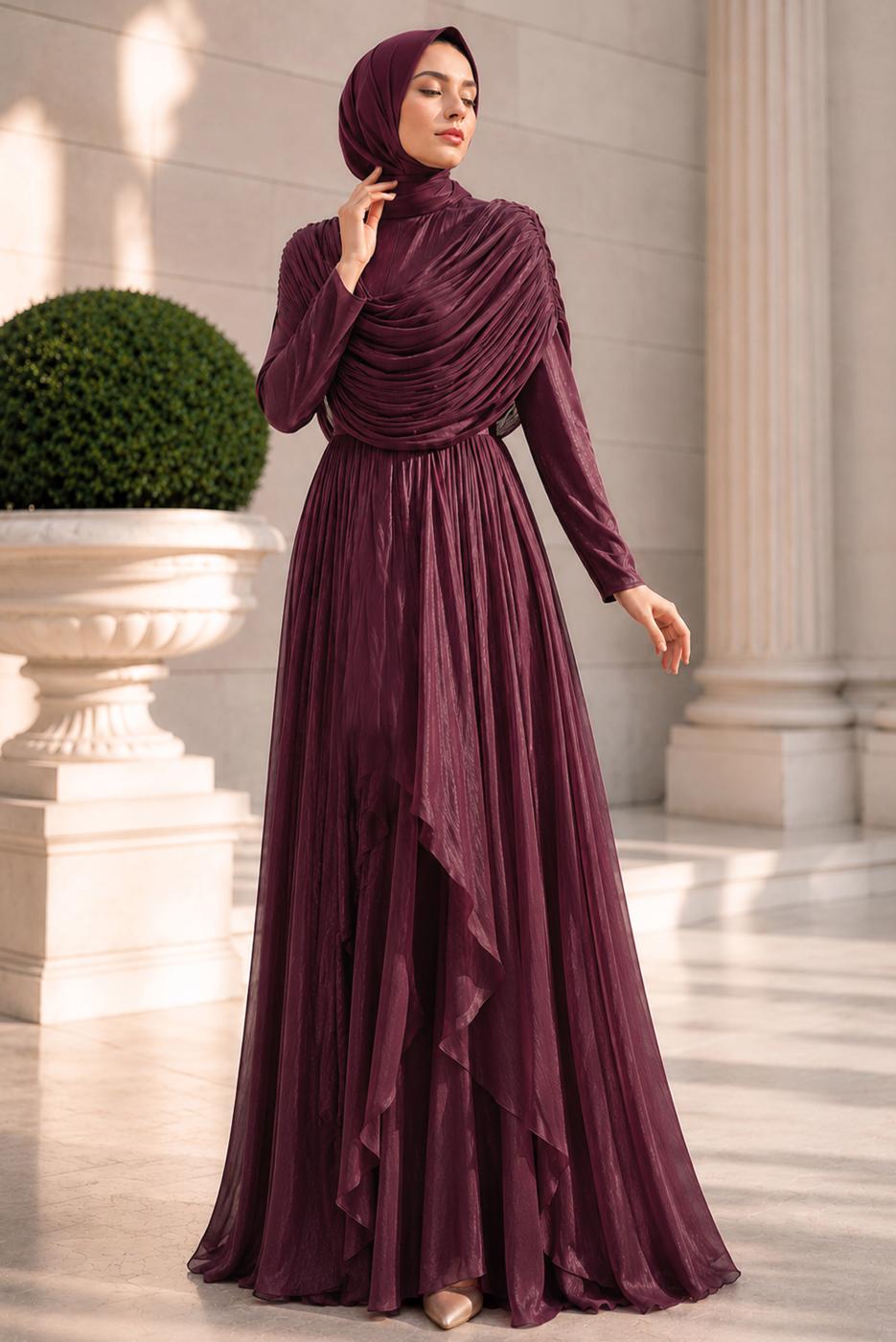 Tesettür giyim BORDO DRAPELİ ŞİFON ABİYE ELBİSE T 2763