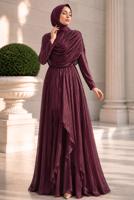 Tesettür giyim BORDO DRAPELİ ŞİFON ABİYE ELBİSE T 2763