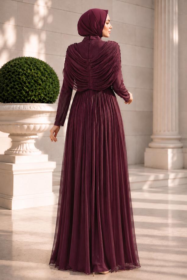 Tesettür giyim BORDO DRAPELİ ŞİFON ABİYE ELBİSE T 2763 - TRENDTESETTÜR