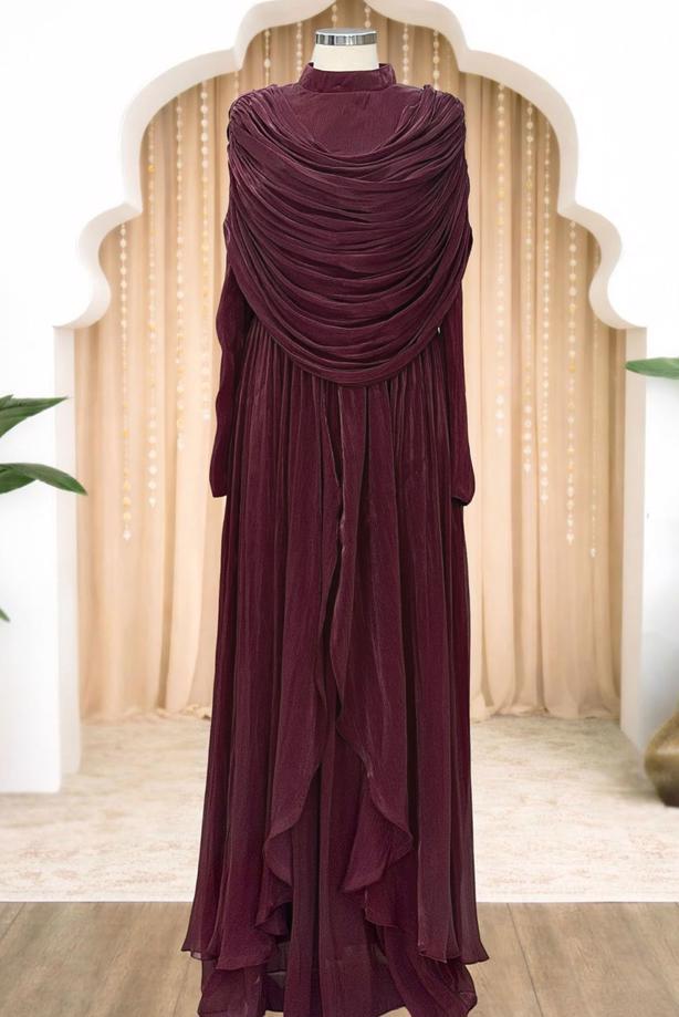 Tesettür giyim BORDO DRAPELİ ŞİFON ABİYE ELBİSE T 2763 - TRENDTESETTÜR