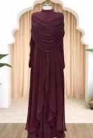 Tesettür giyim BORDO DRAPELİ ŞİFON ABİYE ELBİSE T 2763