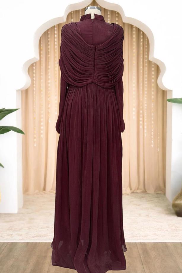 Tesettür giyim BORDO DRAPELİ ŞİFON ABİYE ELBİSE T 2763 - TRENDTESETTÜR