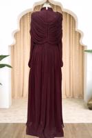 Tesettür giyim BORDO DRAPELİ ŞİFON ABİYE ELBİSE T 2763