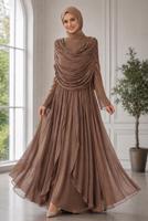 Tesettür giyim KAHVE DRAPELİ ŞİFON ABİYE ELBİSE T 2763