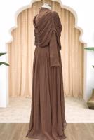 Tesettür giyim KAHVE DRAPELİ ŞİFON ABİYE ELBİSE T 2763