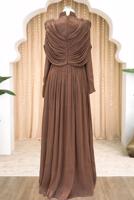 Tesettür giyim KAHVE DRAPELİ ŞİFON ABİYE ELBİSE T 2763