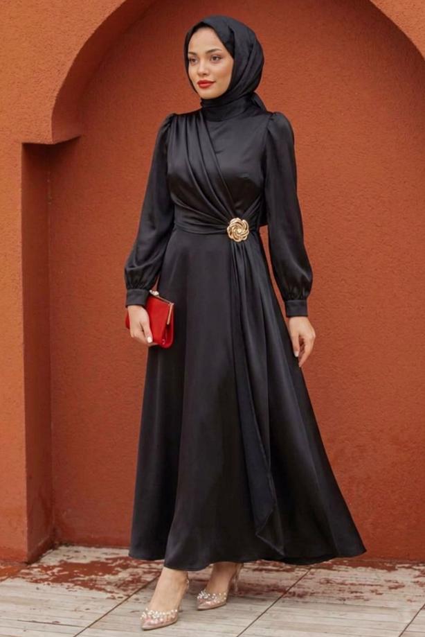 Vêtements hijab NOIR ROBE DE SOIRÉE DÉTAILLÉE ACCESSOIRE T 3626 - TRENDTESETTÜR