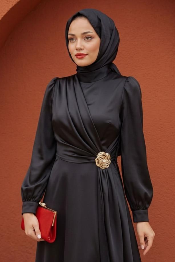 Vêtements hijab NOIR ROBE DE SOIRÉE DÉTAILLÉE ACCESSOIRE T 3626 - TRENDTESETTÜR