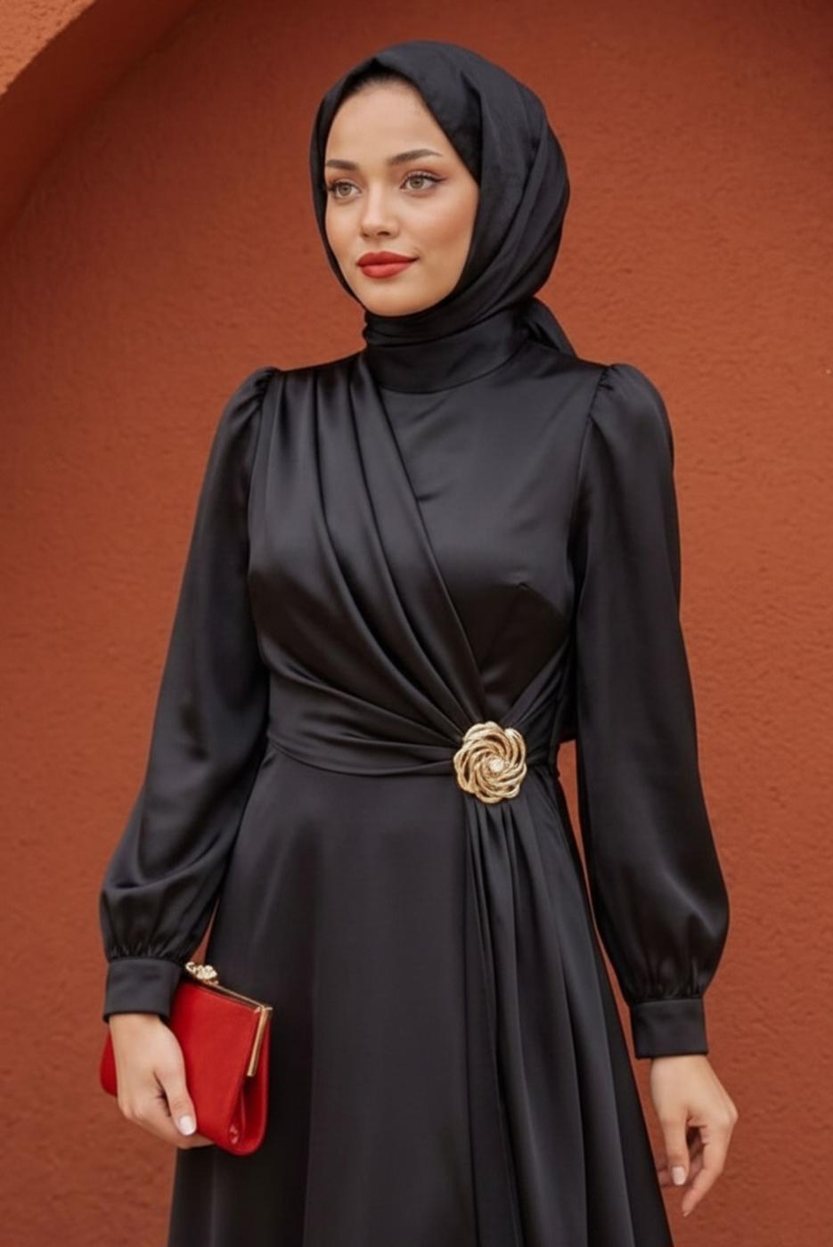 Vêtements hijab NOIR ROBE DE SOIRÉE DÉTAILLÉE ACCESSOIRE T 3626