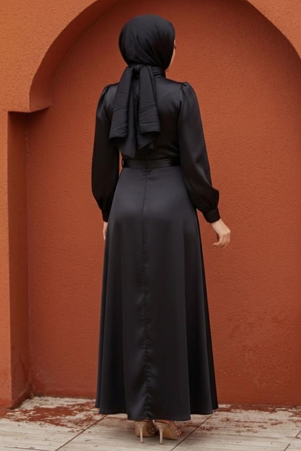 Vêtements hijab NOIR ROBE DE SOIRÉE DÉTAILLÉE ACCESSOIRE T 3626 - TRENDTESETTÜR