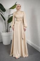 Tesettür giyim BEJ AKSESUAR DETAYLI ABİYE ELBİSE T 3626