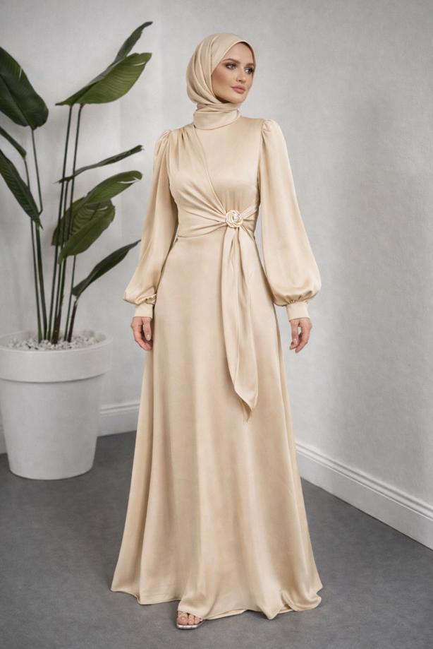 Tesettür giyim BEJ AKSESUAR DETAYLI ABİYE ELBİSE T 3626 - TRENDTESETTÜR